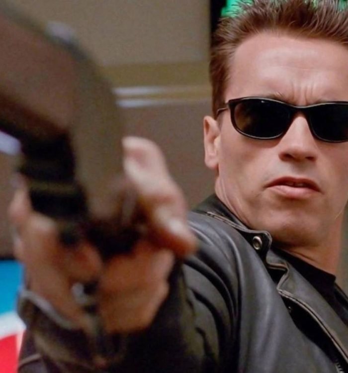 Arnold Schwarzenegger as the Terminator with a gun